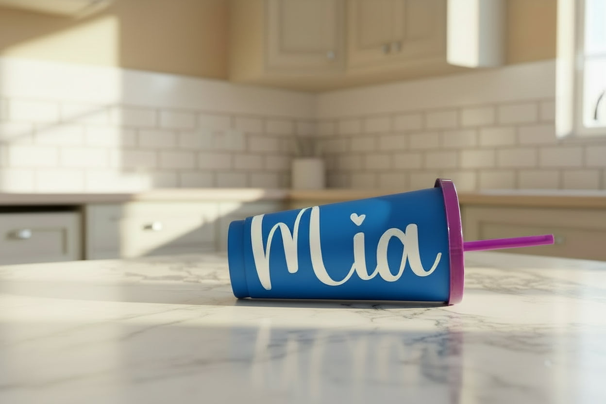 Blue tumbler with 'Mia' on a kitchen counter