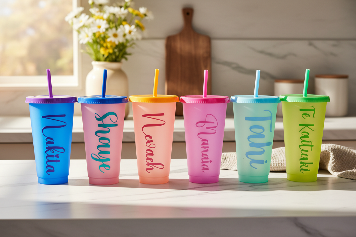 Set of colorful tumblers with names on a kitchen counter