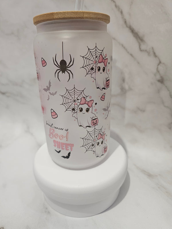 Breast Cancer meets Halloween Frosted Glass tumbler